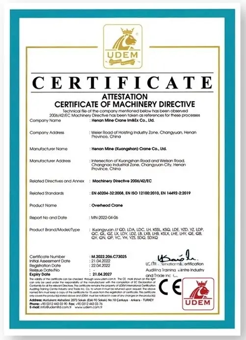 CE Certificate Henan Mine Crane Factory